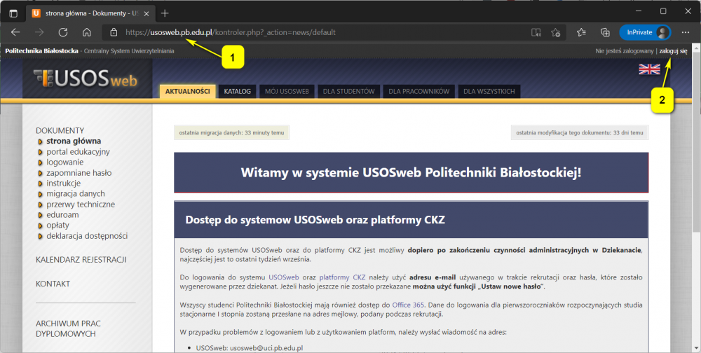 Widok strony USOSweb