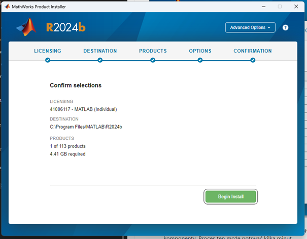 MATLAB installer with a summary of settings and a button to start installation