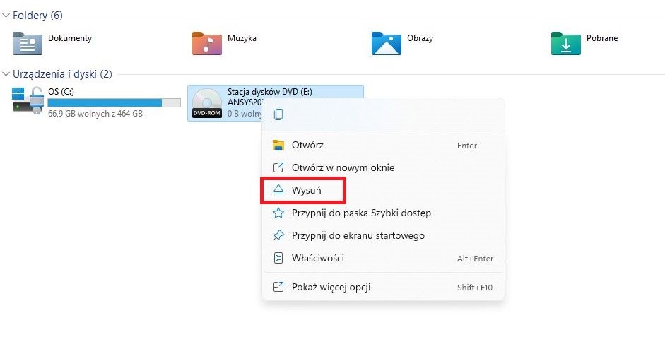 Okno eksploratora Windows z zaznczoną opcją wysunięcia wirtualnego dysku DVD
