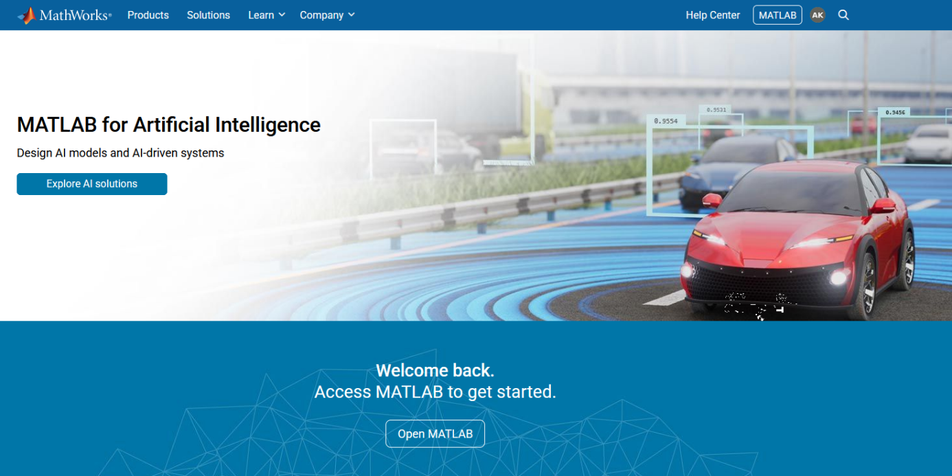 MathWorks website showing MATLAB for AI with a graphic of cars and highlighted objects