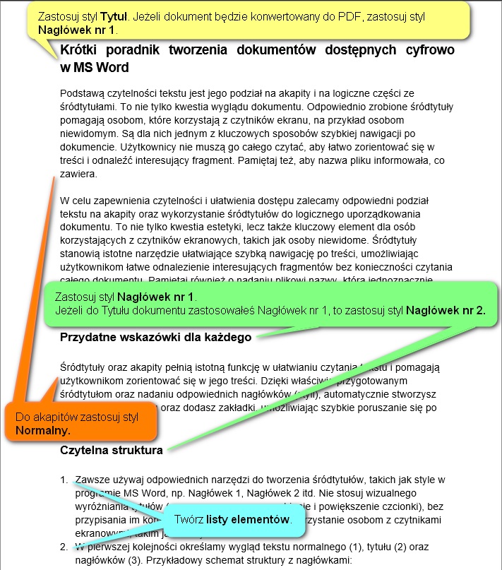 Dokument z zaznaczonymi stylami formatowania, zastosowanie stylów Normalny, Nagłówek nr 1 i 2 oraz Listy elementów