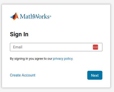 MathWorks sign‑in window with an email field and “Next” button