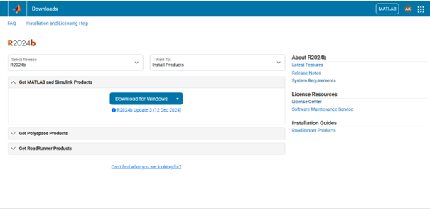MATLAB R2024b download panel with a “Download for Windows” button