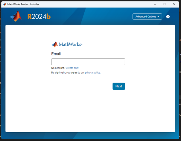 MATLAB installer with a sign‑in screen and email input field