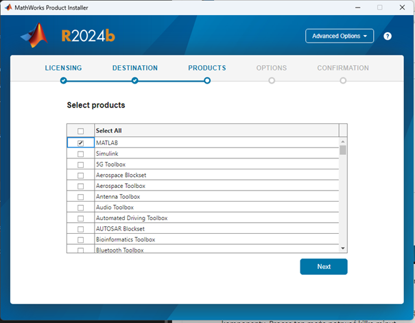 MATLAB installer with a list of components to select, including MATLAB and toolboxes