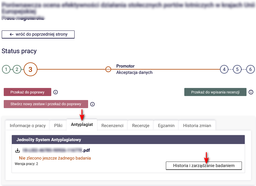 zakładka antyplagiat z przyciskiem historia i zarządzanie badaniem