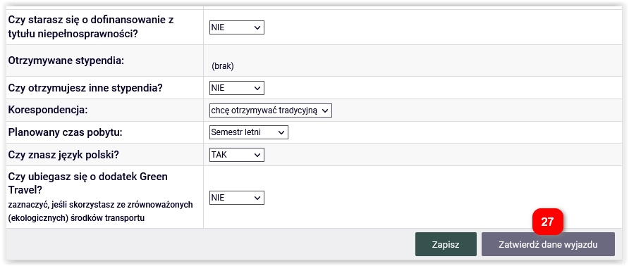 Akcja uzupełnienia danych wyjazdu