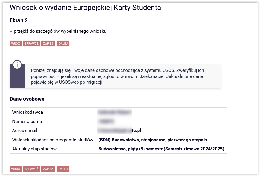 ekran 2 z danymi studenta