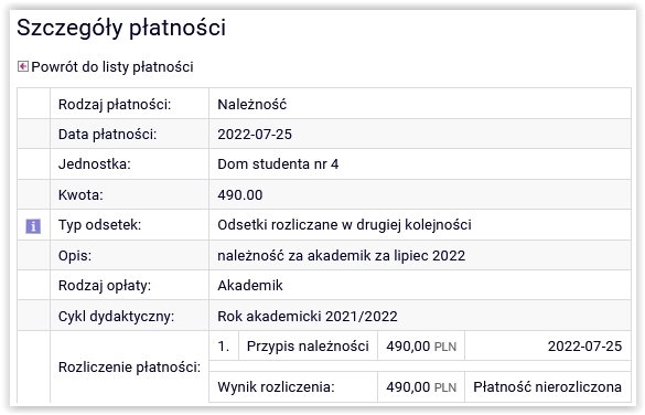Szczegóły płatności: rodzaj, data, jednostka, kwota, typ odsetek, opis, rodzaj opłaty, cykl dydaktyczny, etap, program, rozliczenie płatności