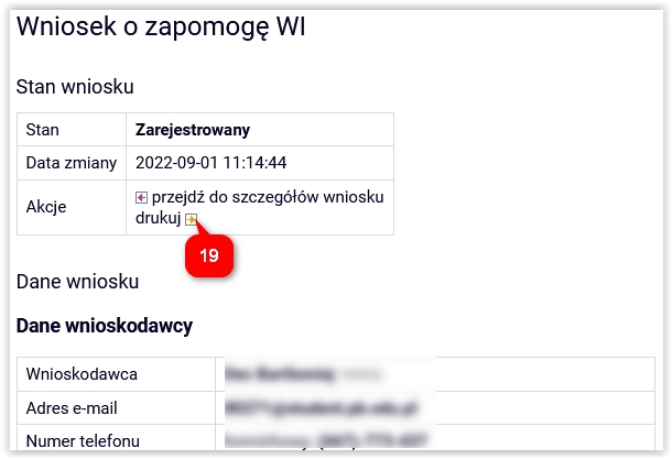 Opcja drukowania wniosku
