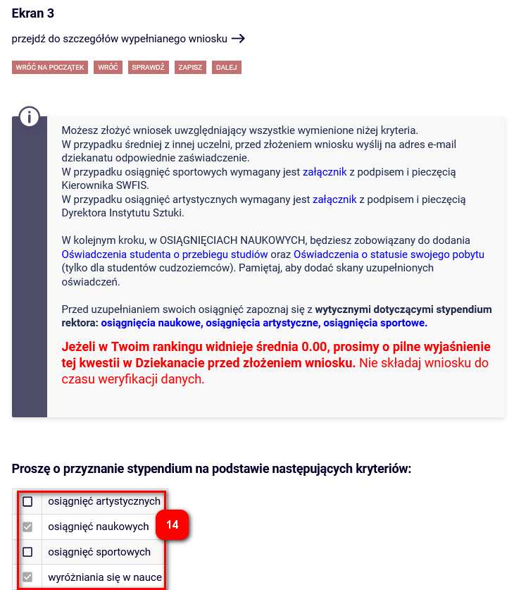 Ekran 3 z kryteriami