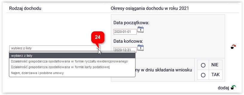 Fragment ekranu 3B z wyborem rodzaju dochodu z listy oraz datami granicznymi 