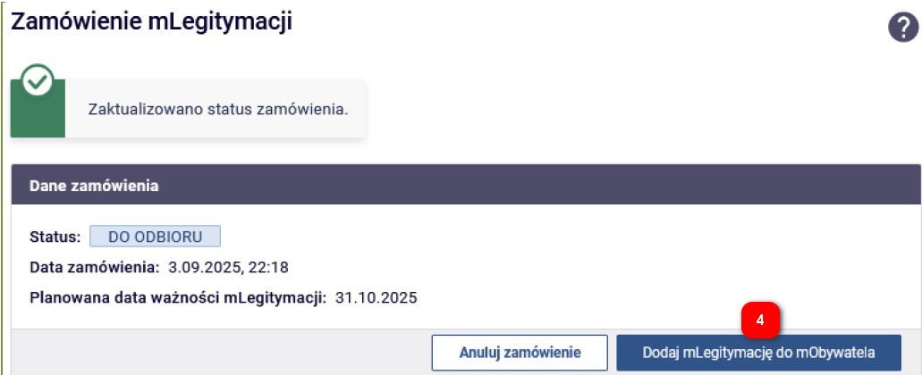 informacja o zamówieniu mlegitymacji, status oczekuje