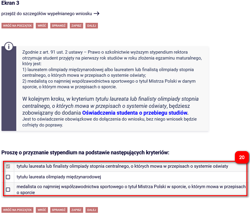 Kategorie osiagniec dla studenta I roku studiow w roku matury: laureat olimpiady stopnia centralnego lub miedzynarodowej, medalista sportowy