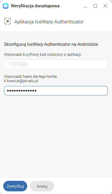 okienko z polami na kod i hasło do poczty