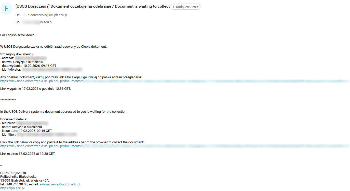wiadomość z linkiem do odbioru dokumentu