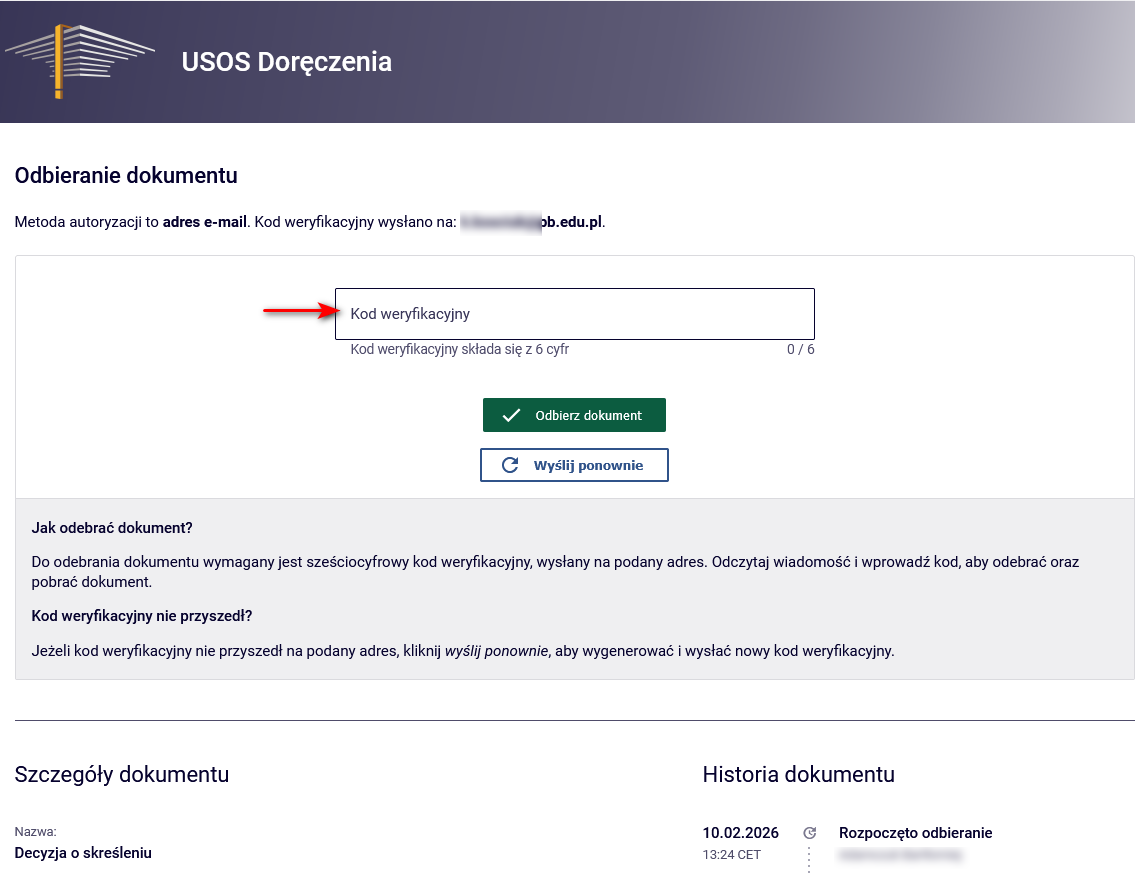odbieranie dokumentu kodem odbioru