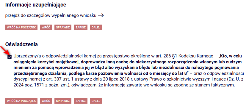 Ekran z oświadczeniem o odpowiedzialności karnej