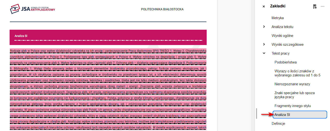 zakładka azalizy SI i zaznaczony na różowo podejrzany tekst