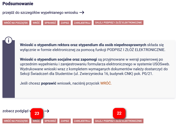 Ekran podsumowanie z przyciskami zarejestruj oraz dalej:podpisz i złóż elektronicznie