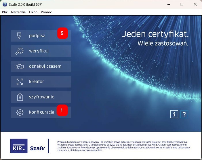 okno aplikacji szafir z przyciskami podpisz, weryfikuj, oznakuj czasem, kreator, szyfrowanie, konfiguracja