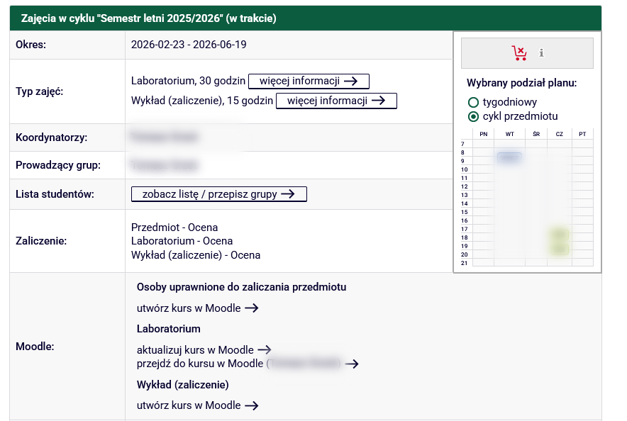 Widok USOSweb po utworzeniu kursu