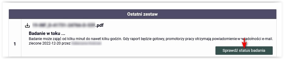 Komunikat badanie w toku i przycisk sprawdzenia statusu badania